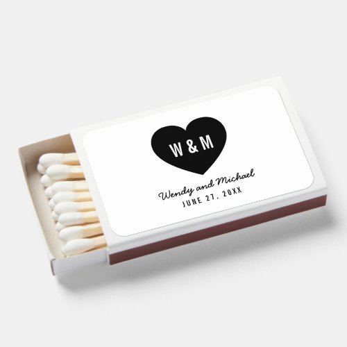 Monogram Heart White and Black Modern Wedding  Matchboxes