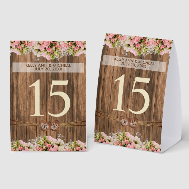 Monogram Heart with Pink Roses Paper Table Tent (Front/Back)