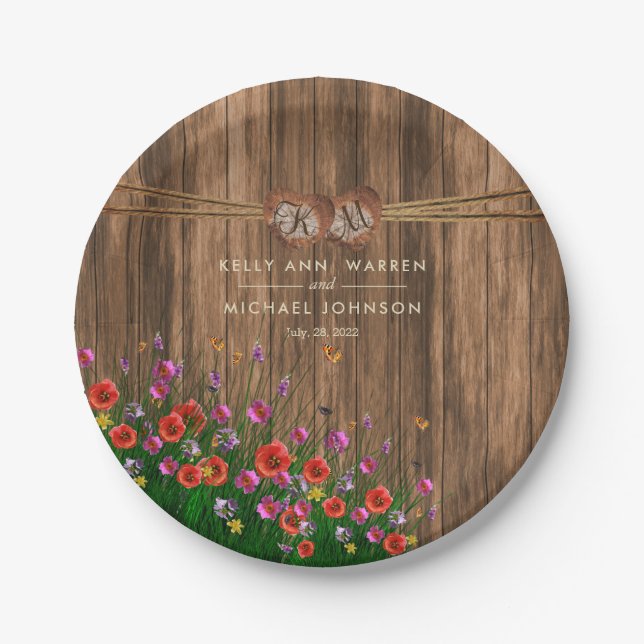 Monogram Heart with Spring Wildflowers Paper Plates (Front)