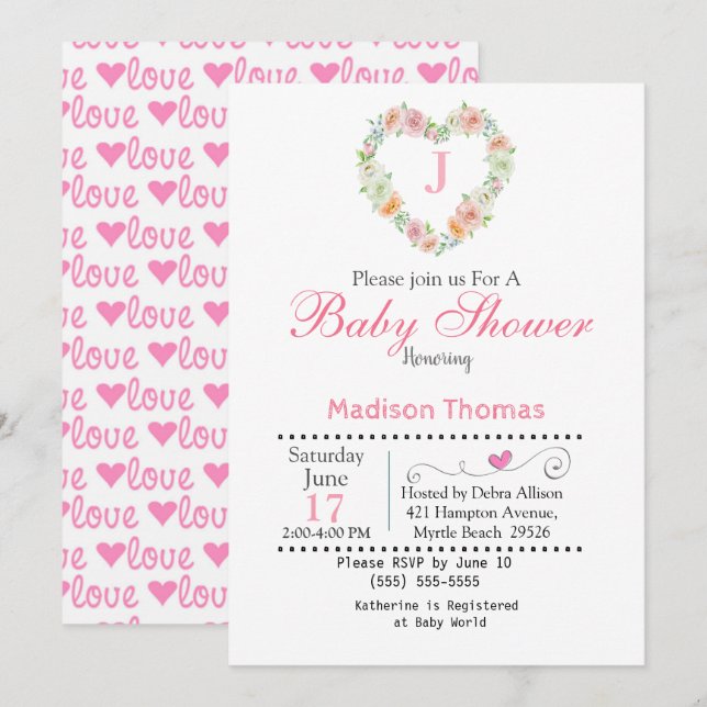 Monogram Heart Wreath Baby Shower Invitation (Front/Back)