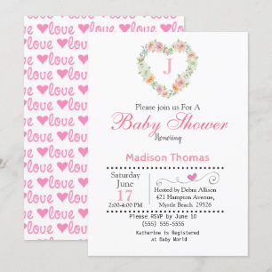 Monogram Heart Wreath Baby Shower Invitation