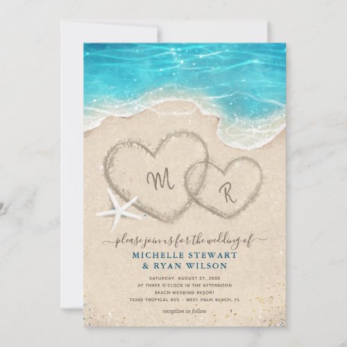 Monogram Hearts in the Sand Beach Wedding Invitation