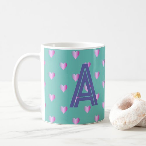 Monogram Hearts Lilac Teal Coffee Mug