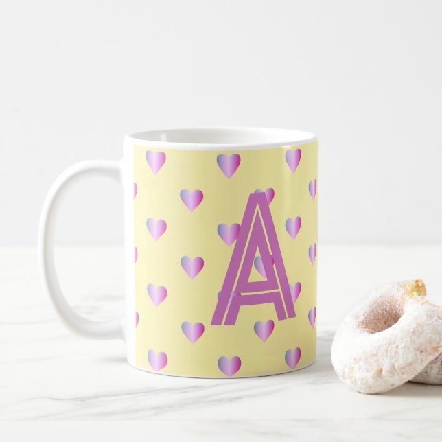 Monogram Hearts Lilac Yellow Coffee Mug (With Donut)