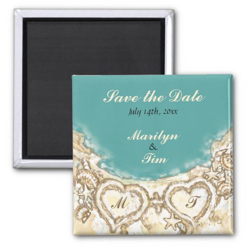 Monogram Hearts on the Beach Save the Date Magnet