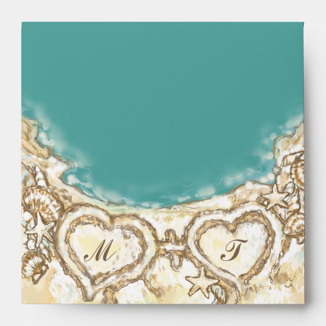 Monogram Hearts on the Beach Wedding Envelope (Front)