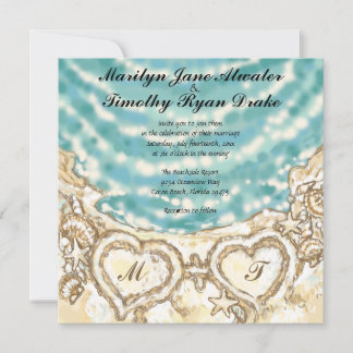 Monogram Hearts on the Beach Wedding Invitation