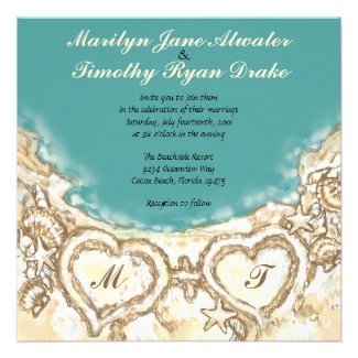 Monogram Hearts on the Beach Wedding Invitation