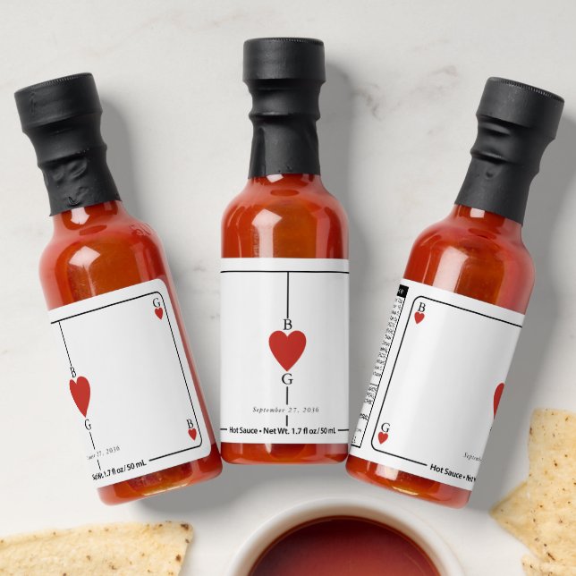 Monogram Hearts Playing Card Wedding Favor Hot Sauces (Laydown)