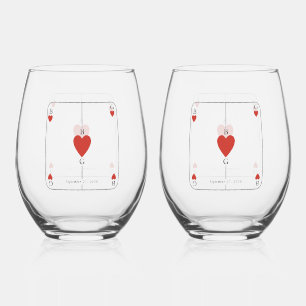 Monogram Hearts Playing Card Wedding Favor Stemless Wine Glass