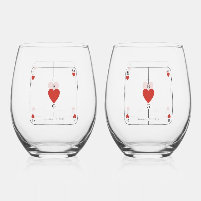 Monogram Hearts Playing Card Wedding Favor Stemless Wine Glass (Front)
