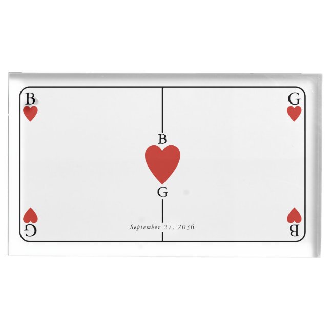 Monogram Hearts Playing Card Wedding  Place Card Holder (Front)