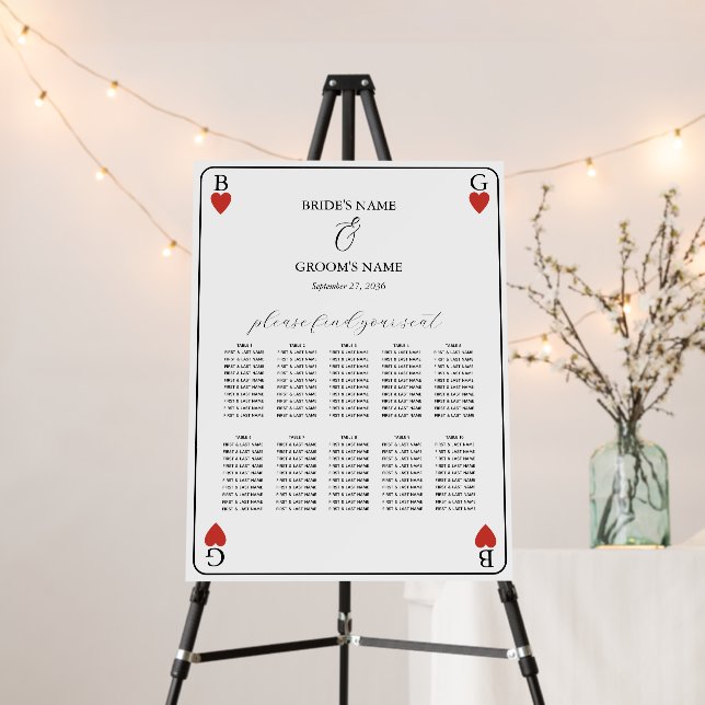 Monogram Hearts Playing Card Wedding Seating Chart Foam Board (In Situ (Stand))