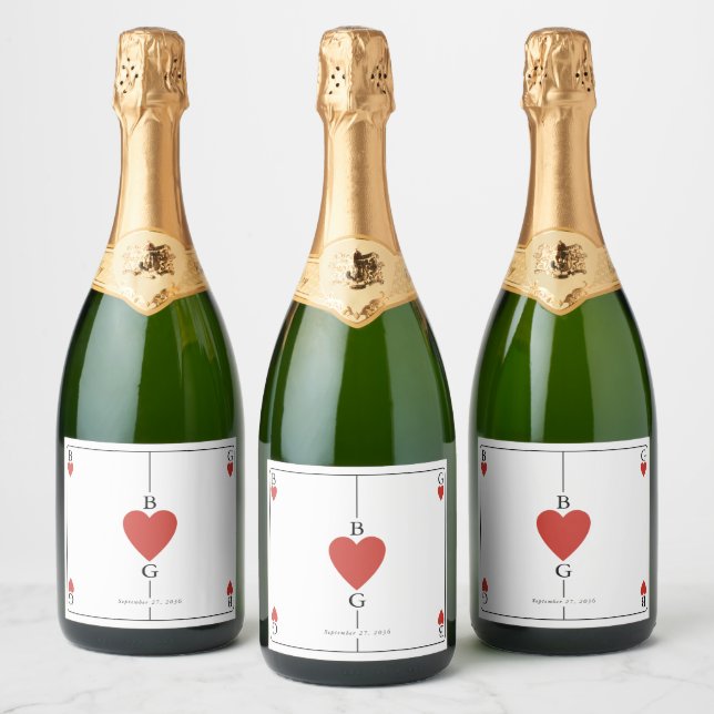 Monogram Hearts Playing Card Wedding  Sparkling Wine Label (Bottles)