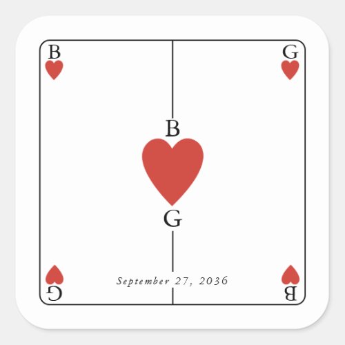 Monogram Hearts Playing Card Wedding  Square Sticker