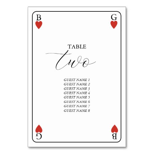 Monogram Hearts Playing Card Wedding Table Number