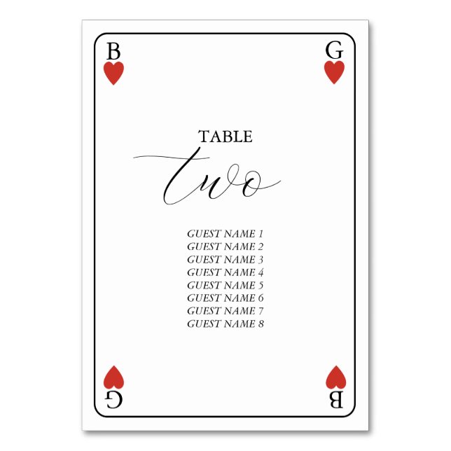 Monogram Hearts Playing Card Wedding Table Number (Front)
