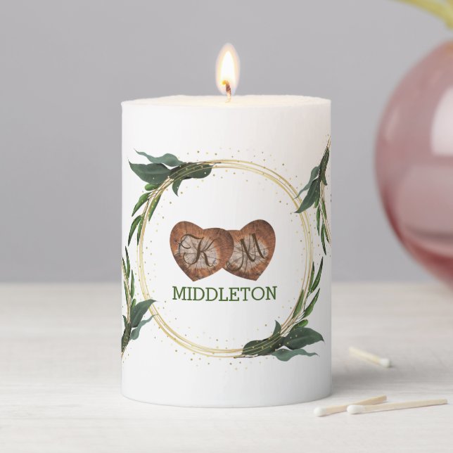 Monogram Hearts with Names Pillar Candle (In Situ)