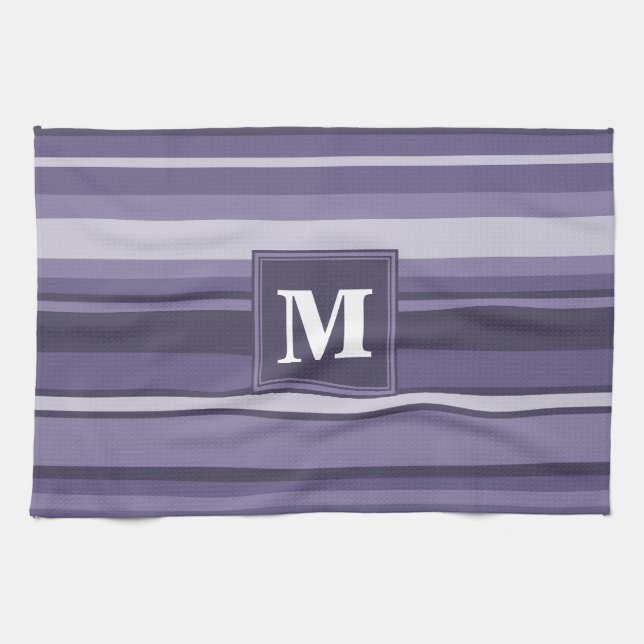 Monogram heather purple stripes kitchen towel (Horizontal)