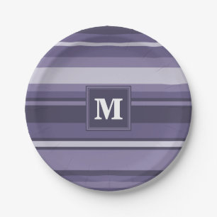 Monogram heather purple stripes paper plates