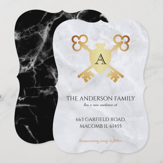 Monogram Heraldic Crest Black White Marble Moving Announcement (Front/Back)