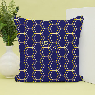 Monogram hexagon pattern blue yellow Manly Elegant Throw Pillow