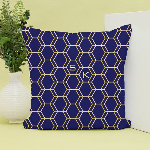 Monogram hexagon pattern blue yellow Manly Elegant Throw Pillow