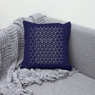 Monogram hexagon pattern dark blue geek initials throw pillow
