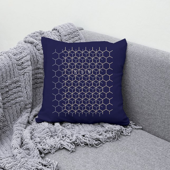 Monogram hexagon pattern dark blue geek initials throw pillow (Creator Uploaded)