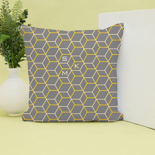 Monogram hexagon pattern grey yellow Manly Elegant Throw Pillow