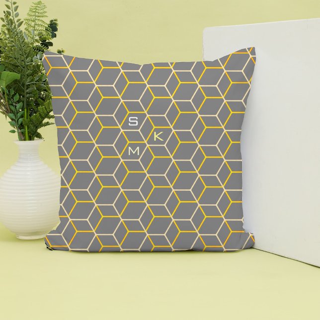 Monogram hexagon pattern grey yellow Manly Elegant Throw Pillow (Creator Uploaded)