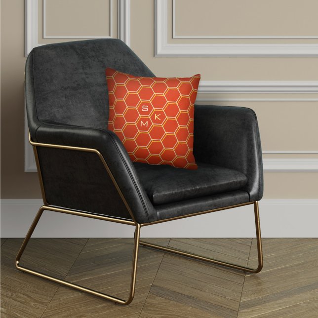 Monogram hexagon pattern orange yellow Manly Throw Pillow (Creator Uploaded)