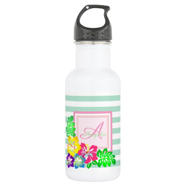 Monogram,Hibiscus  on  Stripes-Personalized Stainless Steel Water Bottle (Front)
