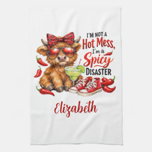 Monogram Highland Cow Hot Mess Funny Humorous Kitchen Towel
