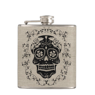 Monogram Hipster Black Sugar Skull on Burlap Flask