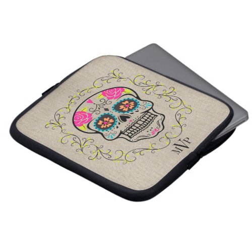 Monogram Hipster Colorful Sugar Skull Burlap Laptop Sleeve