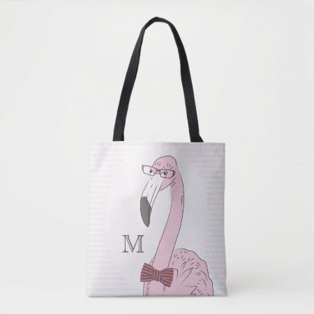 Monogram. Hipster Flamingo With Fancy Bow Tie. Tote Bag