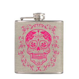 Monogram Hipster Hot Pink Sugar Skull on Burlap Hip Flask