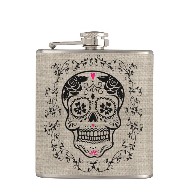 Monogram Hipster Sugar Skull on Burlap Flask (Front)