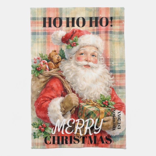 Monogram Ho ho ho Merry Christmas Santa red Kitchen Towel (Vertical)