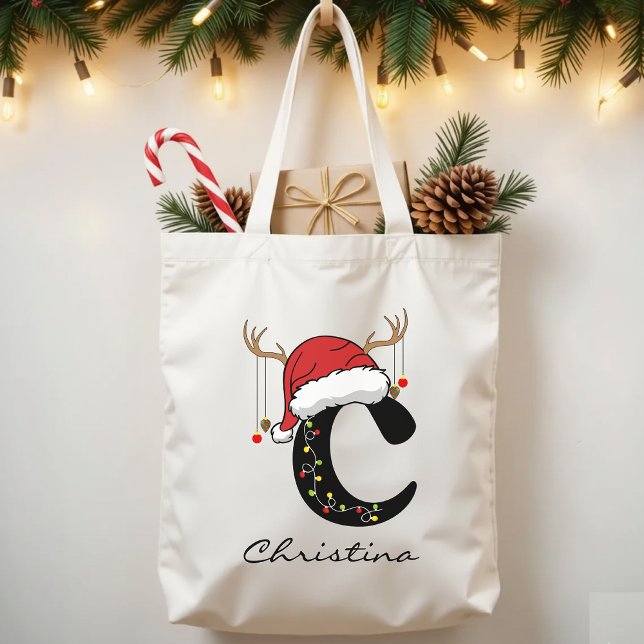 Monogram Holiday Bag for Bulk Christmas Gifts (Santa Claus tote, personalized Christmas gift, family holiday tote, Christmas initial tote,)