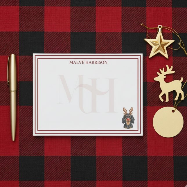 Monogram Holiday Dachshund Reindeer Post-it Notes (Gift custom holiday stationery to the dog lover in your life! )