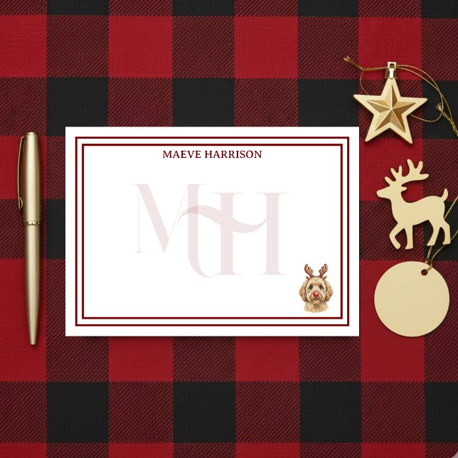 Monogram Holiday Golden Doodle Reindeer Post-it Notes (Gift custom holiday stationery to the dog lover in your life! )