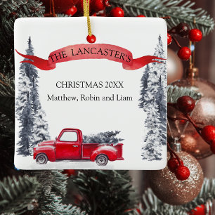 Monogram, Holiday Vintage Red Truck, Forest Ceramic Ornament