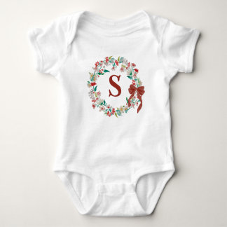 Monogram Holiday Watercolor Floral Bow Wreath Baby Bodysuit