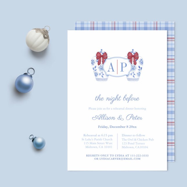 Monogram Holidays Wedding Rehearsal Dinner Invitation (Christmas Wedding rehearsal dinner invitation featuring ginger jar with red bow and tartan backer)