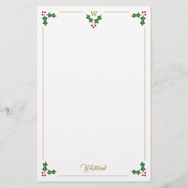 Monogram Holly and Berries Personalized Christmas Stationery (Front)