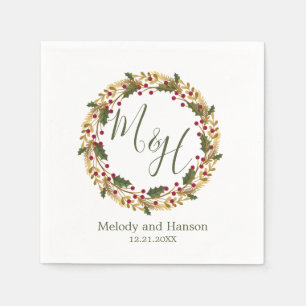 Monogram Holly and golden pine wreath Wedding Napkins