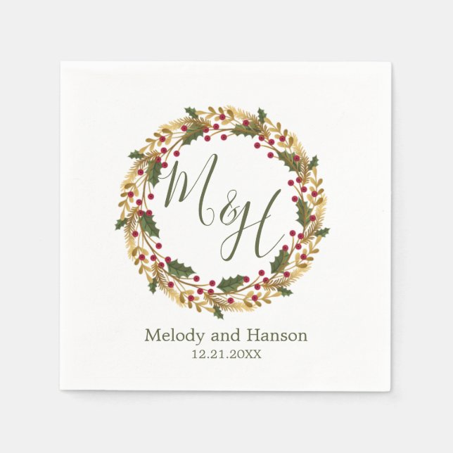 Monogram Holly and golden pine wreath Wedding Napkins (Front)
