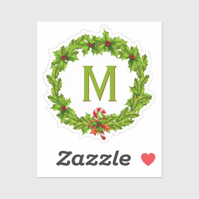 Monogram Holly Berry Wreath Cutout Single Sticker (Sheet)